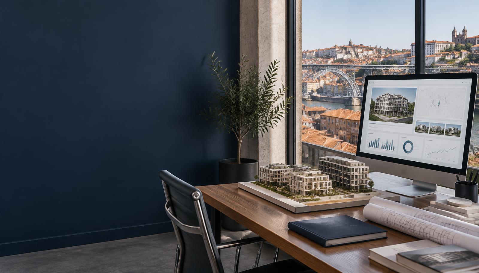 Illustrative Porto workspace with a digital property platform and architectural models